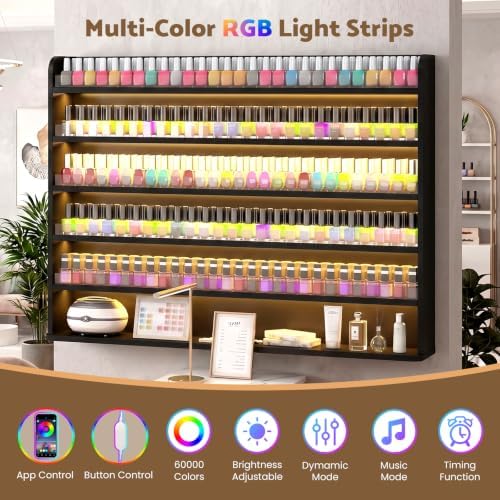 Wood Nail Polish Rack Display, 6 Tiers Nail Polish Wall Organizer, Black - Image 4