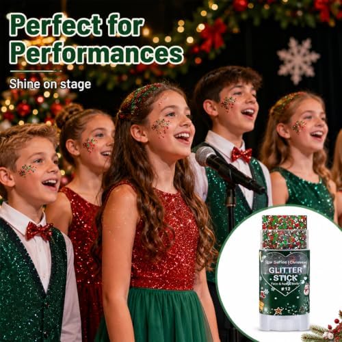 Christmas Hair Glitter Stick,Red and Green Silver Face Body Glitter Makeup,Waterproof Christmas Outfits for Women, Stocking Stuffers Sparkling Party Gift for Girls,Chunky Glitter Makeup - Image 6