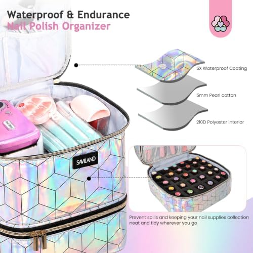 SAVILAND PU Leather Nail Polish Organizer Bag for Nail Tech, Holographic - Image 4