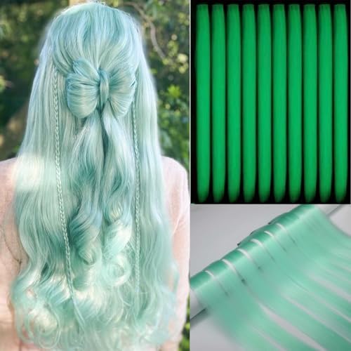 Ms Aloe Glow in the Dark Hair Extensions Clip Ins Teal Colored Hair Extensions 22inch Long Straight Synthetic Hairpieces Glow in the Dark Hair Accessories for Women by MsAloe