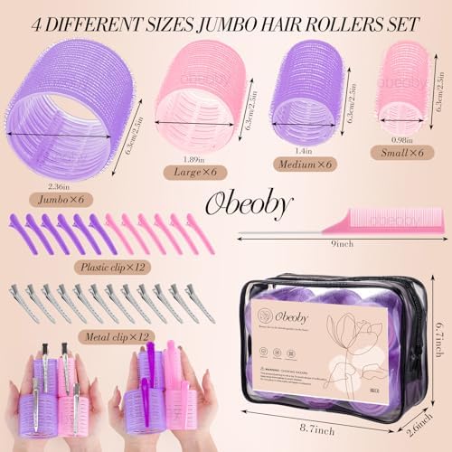 obeoby 4 Sizes Hair Rollers Curler Set with Clips for Women, Pink Purple - Image 2