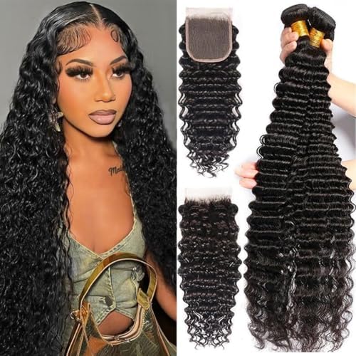 Human Hair Bundles with Closure (26 28 30+20 Closure) Deep Wave Bundles with Closure 100% Unprocessed Brazilian Virgin Curly Closure with Bundles Human Hair Weave with 4x4 Lace Closure Natural Color by Cenglou