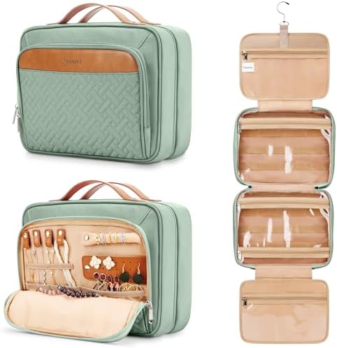 COOSKY Travel Hanging Toiletry Bag for Women, Cruise Ship Essentials, with Jewelry Organizer, Extra Large Makeup Dopp Kit, Waterproof Cosmetic Bags, Toiletries Kit Set with Trolley Belt, Green by COOSKY
