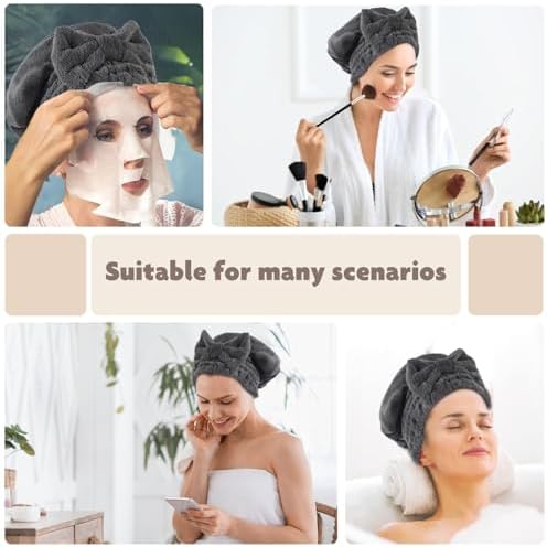 SUNLAND Large Microfiber Hair Drying Caps with Bow Knot 2 Pack Grey - Image 2