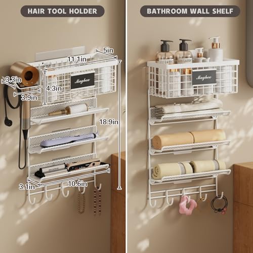 Magheo Hair Dryer Holder Wall Mounted, Adheisve Hair Tool Organizer for hair Brush/Appliance Wall Mount with 5 Tier Shelf Basket Hooks Blow Dryer and Straightener Holder for Bathroom(White) - Image 6