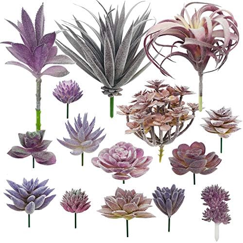 Woohome 15 PCS Artificial Succulent Plants, Purple Fake Succulent, Unpotted Faux Succulent Assortment in Flocked Blue in Different Type for Birthday Home Decor Indoor Wall Garden DIY by Woohome