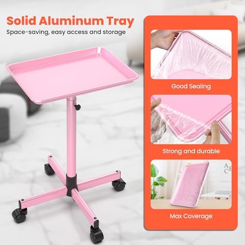 TASALON Rolling Salon Service Cart with Tray Top, Height Adjustable, Aluminum Rolling Tray Trolley for Salon Essentials, Adjustable Heightfor Hairstylist Tray 10 PCS Disposable Salon Tray Cover,Pink - Image 3