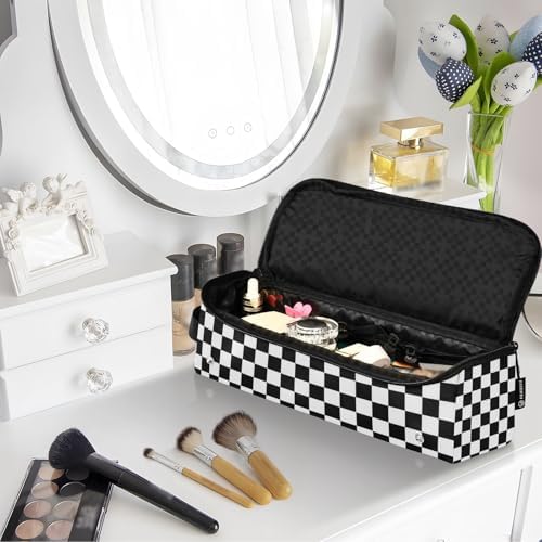 Checkered Black and White Hair Tools Travel Bag with Heat Resistant Mat Detachable 2-in-1 Curling Iron Travel Case Hot Tools Organizer for Straightener Flat Iron - Image 7