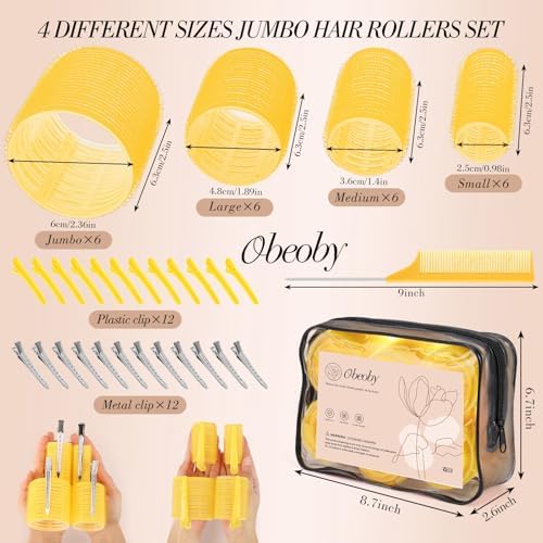 obeoby 4 Sizes Hair Rollers Curlers Set with Clips for Women Girls, Yellow - Image 2