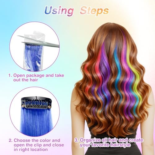 BEAHOT 32 PCS Clip in Colored Hair Extensions, 20 Inch Rainbow Hairpieces - Image 3