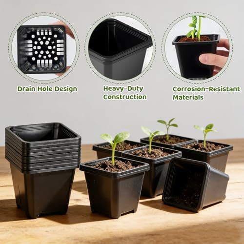3.5in 50Pcs Black Square Nursery Pots with 5Pcs Plastic Seed Starting Trays - Image 3
