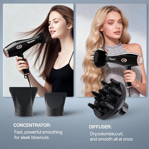 VAGARY Professional Salon 2200W Blower Dryer with Diffuser Concentrator Nozzles,Negative Ionic Blow Dryer,Low Noise Hair Dryers,2 Speeds and 2 Heat Settings 1 Cool Shot Button - Image 4