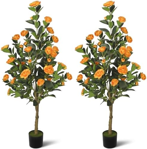 2-Pack 4FT Artificial Camellia Tree,Realistic Fake Potted Plants with Flowers&Planters,Indoor/Outdoor Faux Flowering Trees for Home,Office,Porch,Wedding,and Housewarming Gift Decor,Orange by Unknown