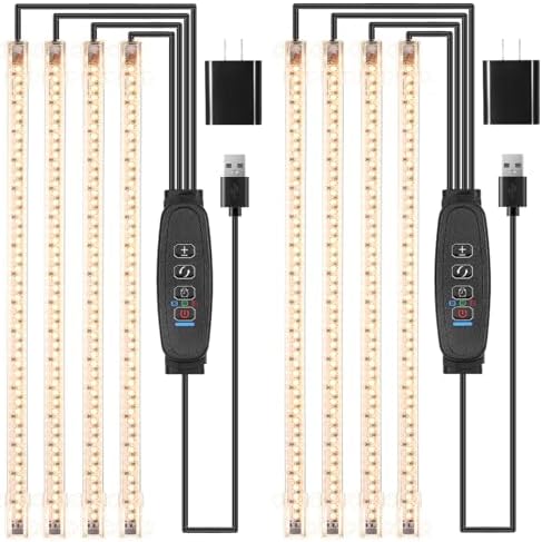 13inch Plant Growing Light Strips, Full Spectrum 3500K for Indoor Plants LED Grow Lamp with 3/9/12H Timer and 10 Dimmable Levels for Green House Hydroponics Succulent and Shelf, 4 Head 2 Pack by RWNTAO