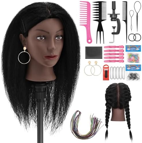 Mannequin Head 100% Human Hair, 18" Manikin Head with Real Human Hair Cosmetology Doll Head for Hairdresser Practice Braiding Hair Styling with Table Clamp Stand, Hair Style Kits by Twowin