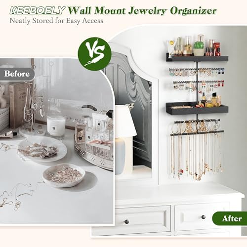 Keebofly Wall Mounted Jewelry Organizer with 2 Tired Shelves & Ring Holder- Jewelry Holder Wall Storage Display for Earrings, Necklace, Bracelet in Bathroom Bedroom, Black - Image 5
