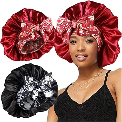 2pcs Large Silky Bonnets with tie Band Braid Bonnet, Satin Bonnet for Sleeping Curly Hair, C by Heniho
