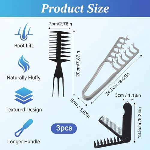 3pcs Texture Comb Voluminous Fluffy Texture Styling Hair Comb Plastic Wide Fine-Toothed Dual-Purpose Barber Anti-Frizz Hairbrush Apparatus Tool with Grip for Men Lift Roots Fringe Parting - Image 2