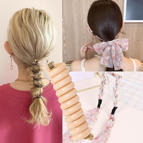 2Pcs+1 Retractable Pocket Headband, Vintage floral Hairband for a variety of hair accessories + Portable Adjustable Hair Hoop with Plastic Storage Bag for Washing Makeup Travel Outdoor-Pink by Enjoythelife