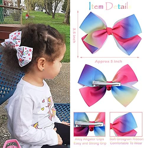 18Pcs 5 Inch Hair Bows for Girls,Colorful Rainbow Girls Hair Bows - Image 5