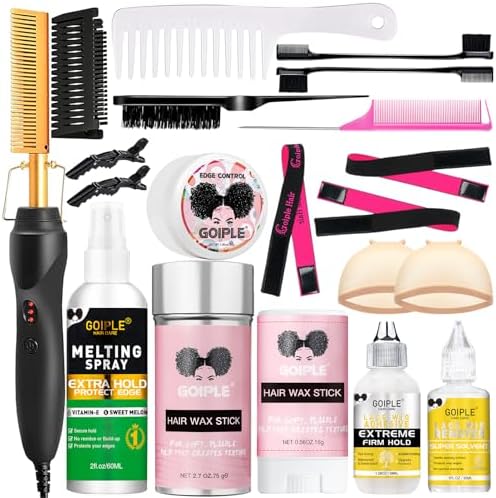 Electric Hot Comb Hair Straightener, Deluxe Electrical Straightening Comb Curling Iron for Natural Black Wigs, Hot Comb Electric for Wigs Pressing Combs with Wig Glue Melting Spray Hair Wax Stick by Goiple