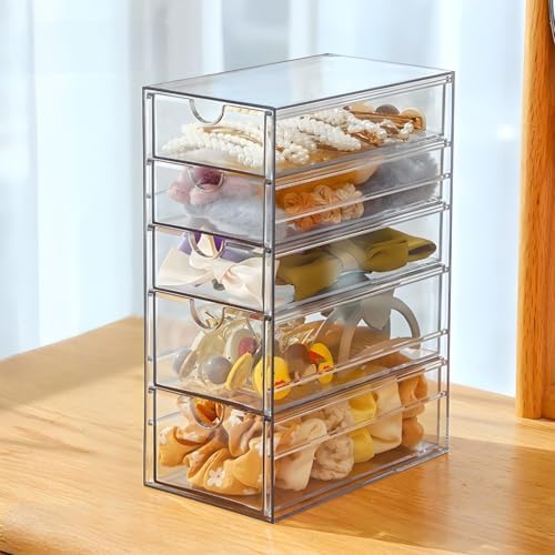 Hair Accessory Organizer, Plastic Clear Hair Tie Storage Box with 5 Drawers, Hair Accessories Container Makeup Organizer Jewelry Holder for Bathroom, Closet Desk, Office (Pack of 2) - Image 2