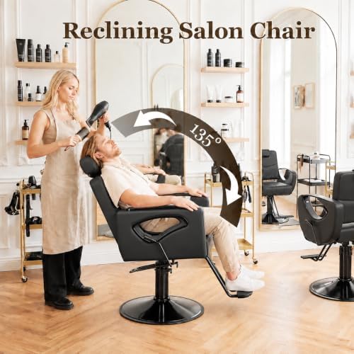Black Salon Chair for Hair Stylist, Reclining Barber Chair for Barbershop - Image 4