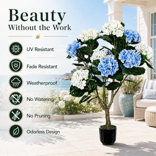 THKFUL 3.6FT Artificial Hydrangea Tree with Pot, Blue & White Faux Hydrangea Plant with Real Wood Trunk, UV Resistant Artificial Flowering Tree for Indoor Outdoor, Front Porch & Living Room Decor - Image 2