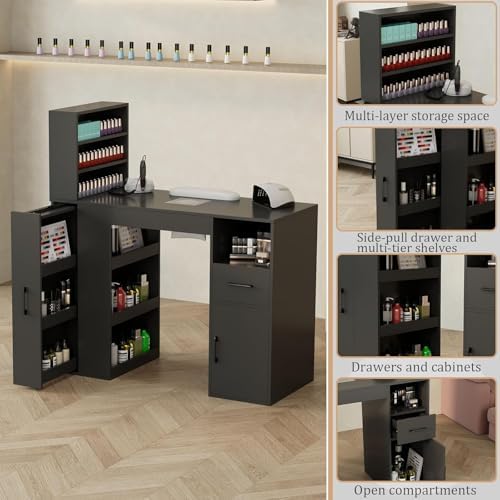 Professional Nail Desk for Nail Tech with Storage Cabinet and Fan – Modern Nail Table for Salon, Nail Tech Table with Drawer, Armrest & Dust Collector,Manicure Table Nail Desk (Black) - Image 5