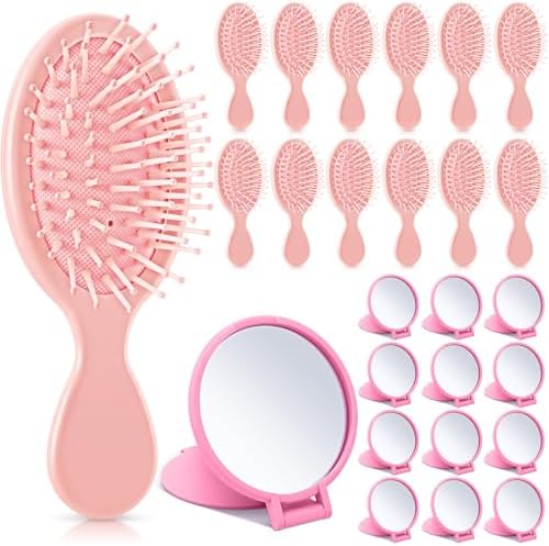 Meanplan 24 Pcs Mini Hair Brush Set 12 Travel Wet Dry Hair Combs Pocket Detangling 12 Compact Folding Makeup Mirrors for Spa Sleepover Birthday Bridal Shower Bachelorette Christmas Party Gift (Pink) by Meanplan