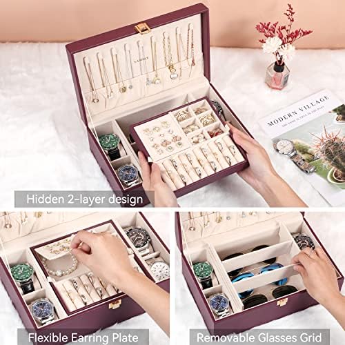 LANDICI 2-Layer Jewelry Box with 4 Watch Slots, Pink - Image 2