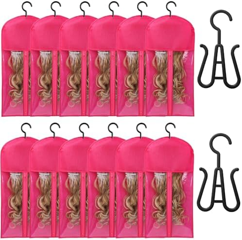 12 PCS Dustproof Wig Storage Bags with Hanger - Perfect for Wig & Hair Extension Hanger, Stylish Wig Bags Storage with Hanger to Keep Your Wigs Safe & Organized 60x30cm(Hot Pink) by KneysanMakeYourLifeBetter