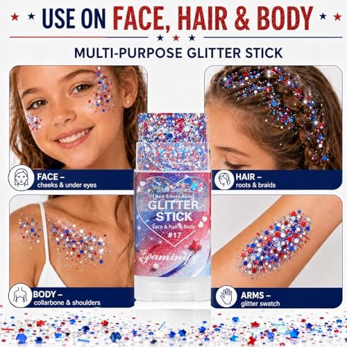 Red White Blue Hair Glitter Stick,4th of July Patriotic America Stripe Star Face Body Glitter,Fourth of July Accessories,Independence Day Waterproof Cheer Glitter Makeup for Women - Image 3