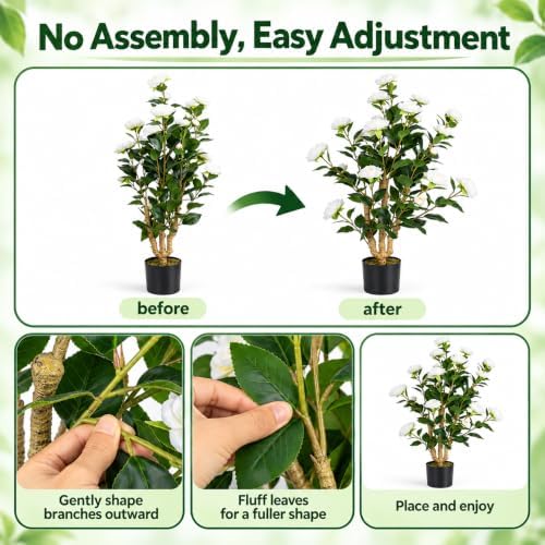 2 Pack 3FT Artificial Camellia Trees in Pots, White Flowers - Image 6