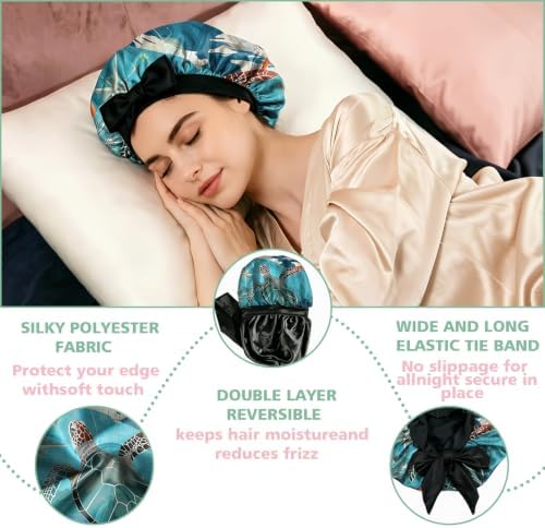 Satin Hair Braid Bonnet for Sleeping Double Layer Tie Band Elastic Wide Soft Silk Lined Nightcap Women Girls Cute - Image 3