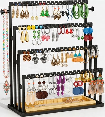 Earring Holder Organizer, 4-Tier Metal Jewelry Display Stand with Wooden Storage Organizer, Large Earring Holder for Studs, Hoops, and Dangles, Modern Jewelry Organizer for Women by TIPSYTREE
