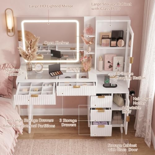 White Vanity Desk with Mirror and Lights, 49" Fluted Makeup Vanity Table with Glass Top, Charging Station, 5 Drawers, 2 Cabinet with Adjustable Shelves, Salon Station, Wood - Image 5
