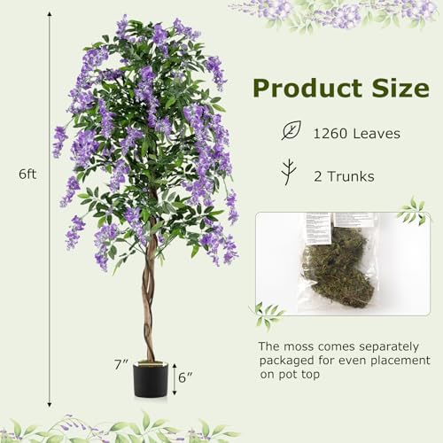 Goplus 6FT Ficus Artificial Tree, 2 Pack Faux Wisteria Tree in Nursery Pot with Purple Lifelike Flowers, Fake Potted Tree Greenery Floor Plant for Indoor Home Office Porch Living Room Decor - Image 7