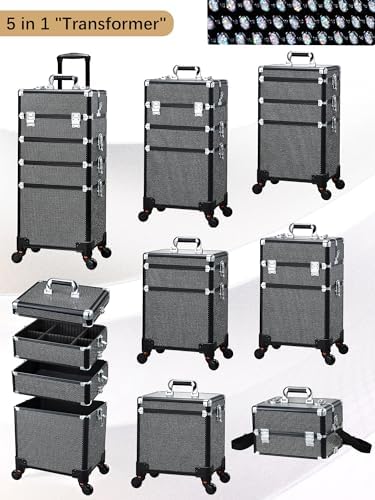 Costravio 5 in 1 Rolling Makeup Case on Wheels Large Cosmetology Case Organizer Beauty Cosmetic Train Case Travel Nail Cart for Make-up Studio Hair Salon, Black Glitter - Image 2