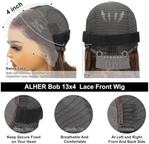 ALHER Short Bob Wig 4/27 Honey Blonde Highlight, 12A Straight Small Cap 13x4 Lace Frontal Wigs Human Hair Pre Plucked With Baby Hair, Small Cap Wig Size 21-21.5 180% Density for Black Women 12 Inch - Image 3