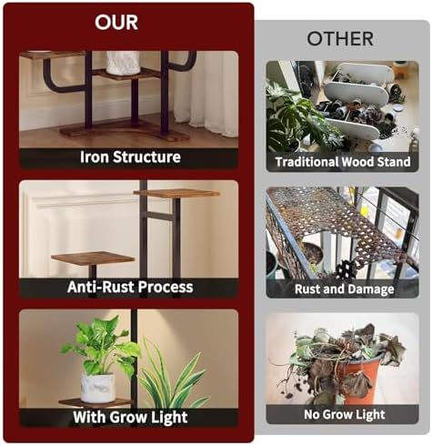 Corner Plant Stand with Grow Light - 6 Tier Plant Stand Indoor Square Metal Plant Shelf with Adjustable Light, Plant Organizer for Living Room, Graden, Home Decor, Brown - Image 4