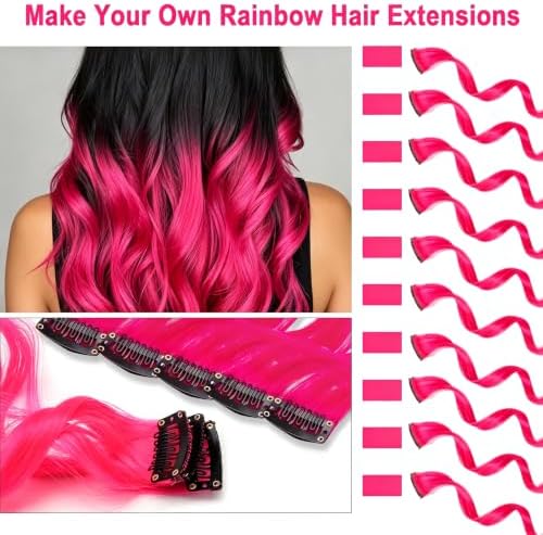 10 Pcs Hot Pink Hair Extensions, Clip-in Curly Hair Accessories Gift, 17 In - Image 2