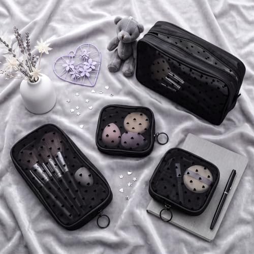 Weewooday 4Pcs Mesh Makeup Bag, Black Heart, Large&medium&small, Heart - Image 4