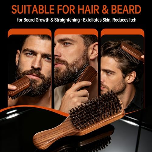 Men's Beard Brush, Walnut Wooden Handle, for Thick & Thin Hair, Slick Back - Image 3