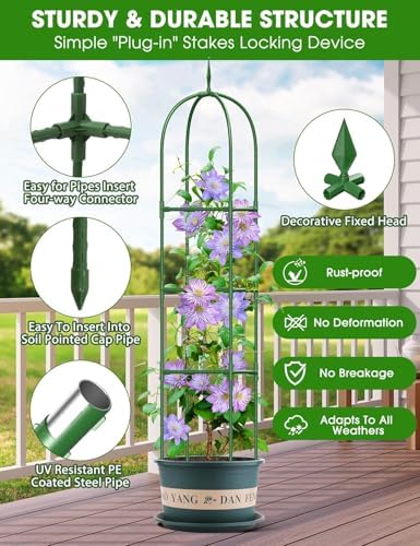 Garden Obelisk Trellis for Climbing Plants, 6FT Garden Obelisk Rustproof PE Coated Metal Potted Plant Climbing Support, Thickened Tube Plant Tower Trellis for Clematis Vine Support Indoor (2 Pack) - Image 4