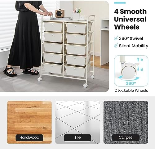 Giantex 10 Drawers Rolling Cart, Classroom Organizers, Storage Cart with Wheels, for Teacher Office Home School Supplies Tool Craft Art Paper, Ivory Color - Image 7