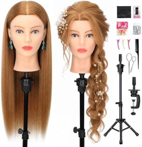 Mannequin Head Human Hair-Cosmetology Manikin Doll Head with 80% Real Hair for Hairdresser Practice Styling Braiding with Tripod Stand & Table Clamp (Amber Brown) by Firstwon