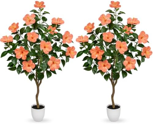 Briful 49.6" Artificial Hibiscus Trees 2 Pack, Faux Tropical Plants, Peach by Briful