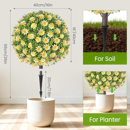 Artificial Yellow Boxwood Topiary Ball Tree with Ground Spike, Set of 2 Fake Fall Boxwood Bushes Shrubs Outdoor, UV Resistant Faux Greenery Trees Ball for Outdoor Front Porch Garden Decor - Image 4