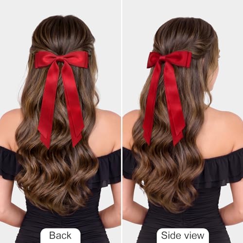 2PCS Silky Satin Hair Bows Hair Clip Red Hair Ribbon Ponytail Holder Accessories Slides Metal Clips Hair Bow for Women Girls Toddlers Teens Kids - Image 3